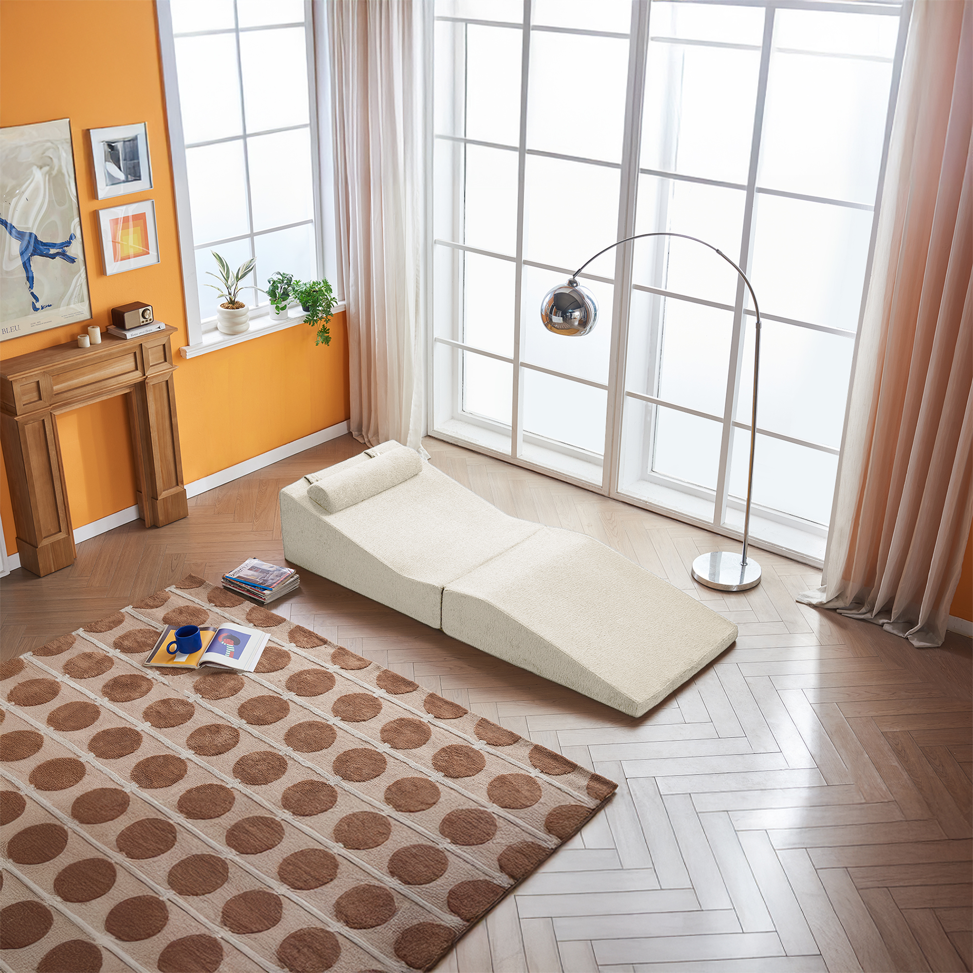 Foldable Tatami Lounger Sofa Bed, High-Density Sponge, Velvet Upholstery, Beige, 80.31 Inch Length, Portable Design, No Assembly Required for Living Room Bedroom Balcony Office