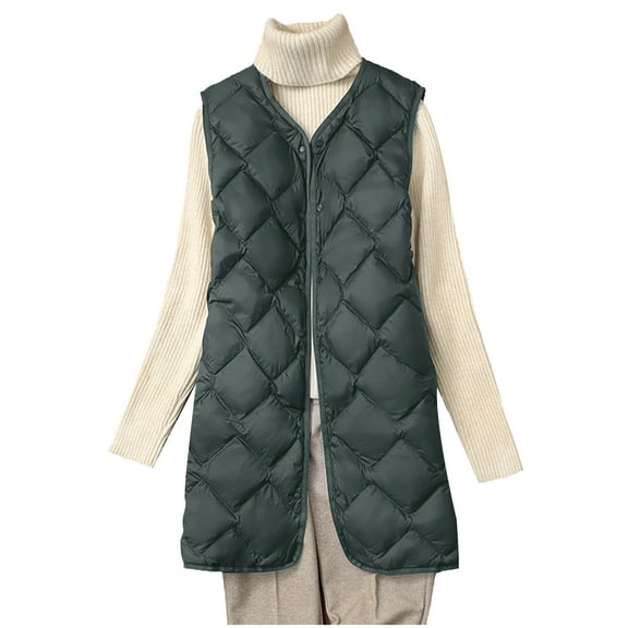 HTNBO Women Long Quilted Puffer Vest Lightweight Round Neck Sleeveless Button Down Padded Duck Down Vests