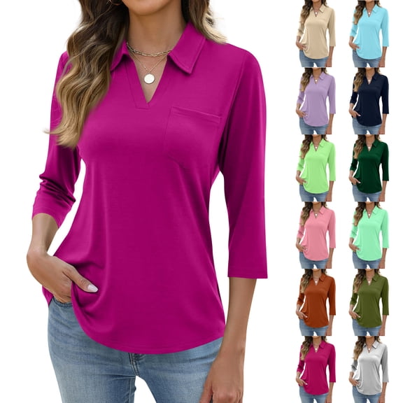 Women's V Neck 3/4 Sleeve Polo Shirts - Golf Quick Dry UPF 50  Athletic Outdoor Casual Tops Navy M