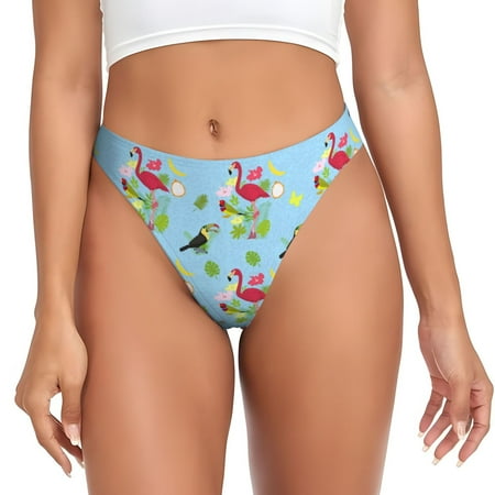 Qokaie Flamingos And Tropical Plants Printed Women s Cotton Thong Underwear  Sexy Breathable Panties G-string-Large