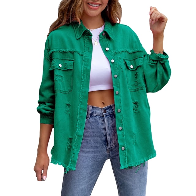 SUNSIOM Women's Ripped Distressed Denim Jacket Long Sleeve Button Down Boyfriend Jean Coat Trucker Jacket