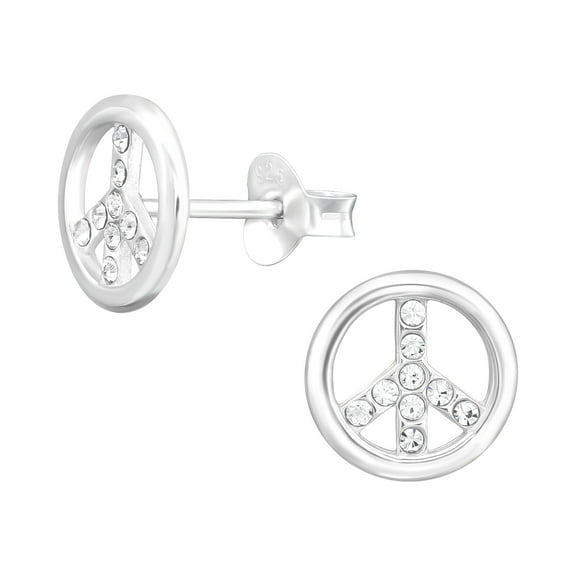 925 Sterling Silver Peace Sign Stud Earrings with Crystals