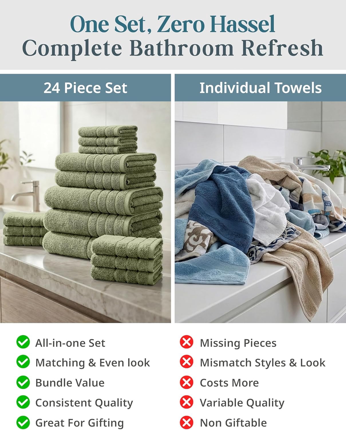 Casa Platino Towel Set of 24 – 100% Ring-Spun Cotton, 2 Bath Sheets, 2 Gym Towel, 2 Bath, 4 Fingertip, 6 Hand, 8 Washcloths, Perfect for Families, Soft After Every Wash – Oil Green