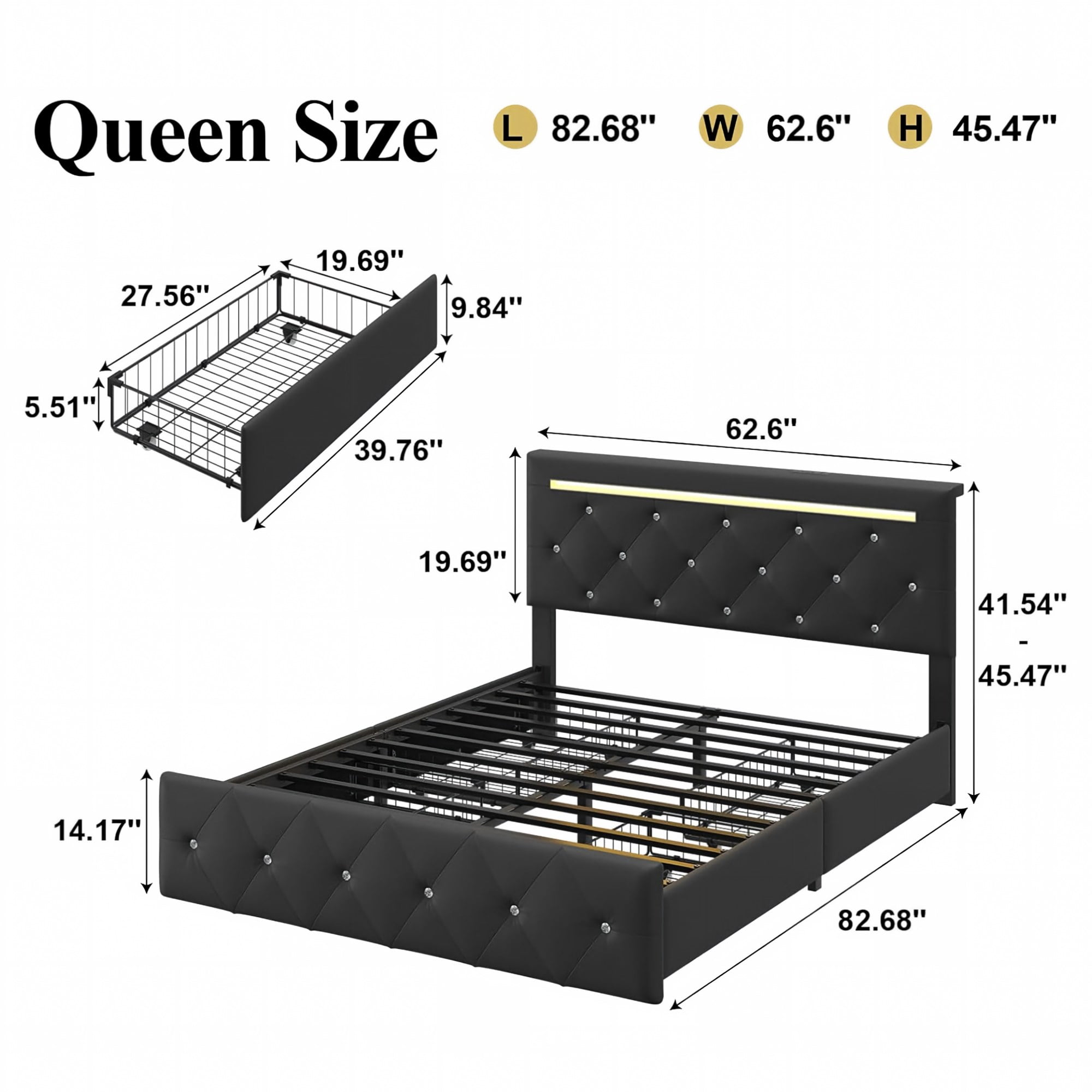 BSHTI Queen Size Faux Leather Upholstered Bed Frame with LED Light, Charging Station, 4 Storage Drawers, Adjustable Headboard for Bedroom(Black)