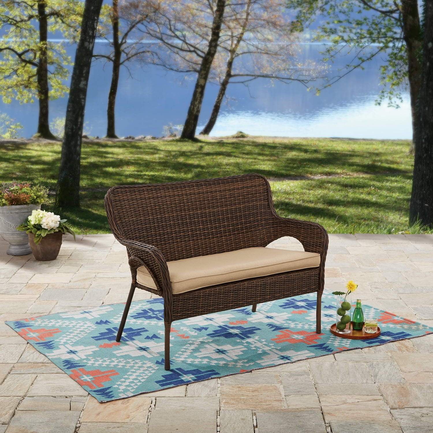 better homes & gardens camrose farmhouse outdoor bench with wicker storage box