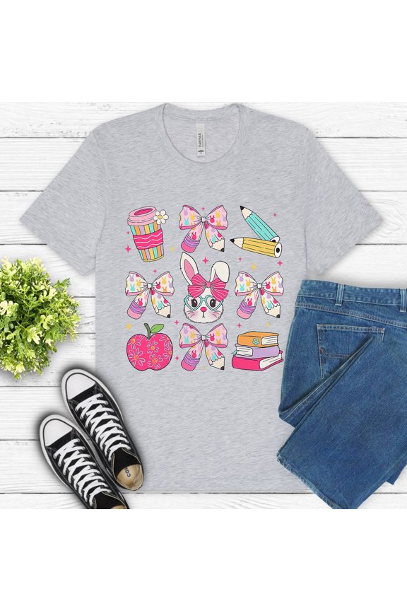 Cute Spring Teacher Shirt  Bunny Glasses and Colorful Classroom Icons Tee , Ash, 3XL