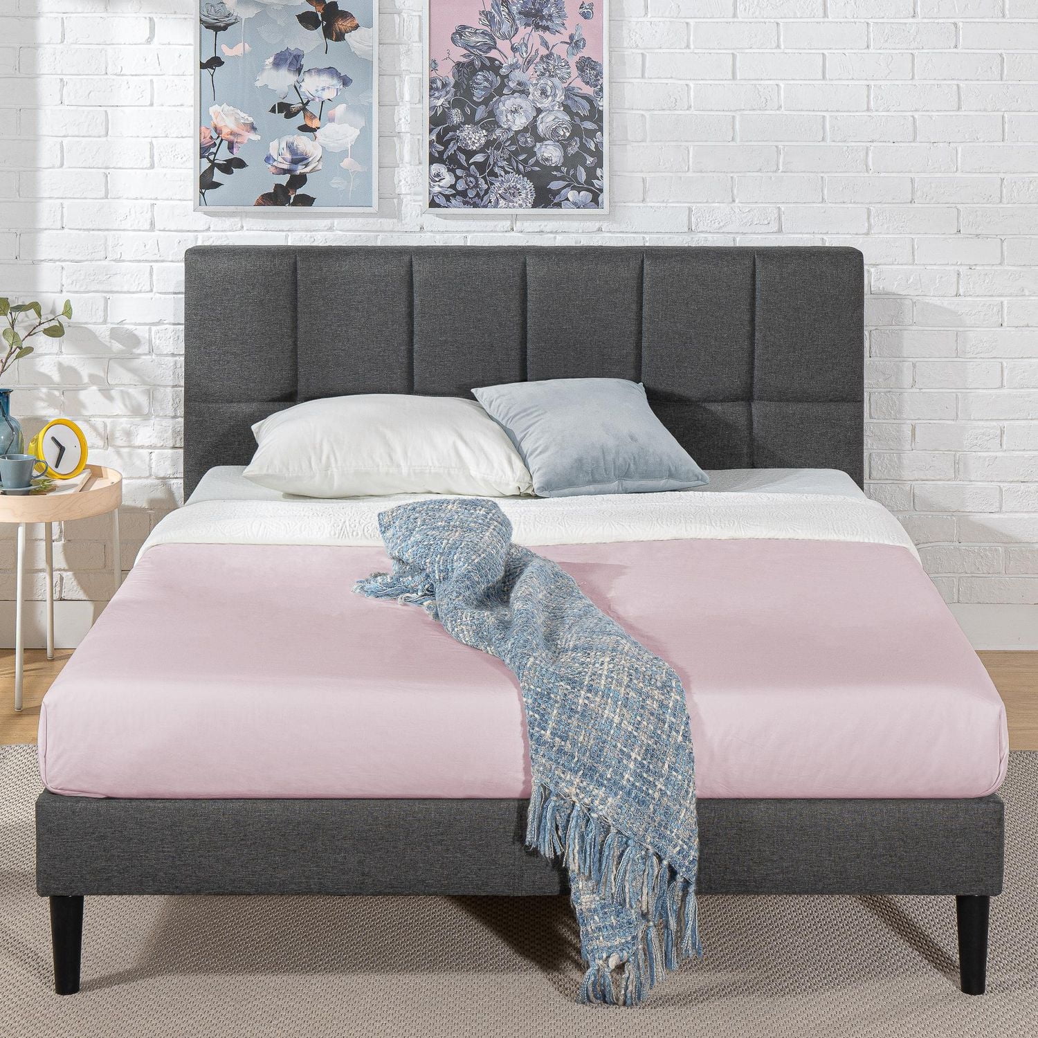 Zinus Lottie Upholstered Platform Bed Frame with Headboard, Dark Grey