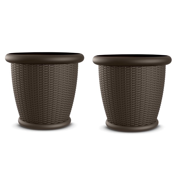Suncast 22" x 22" x 21" Round Brown Resin Plant Pots (2 Pack)