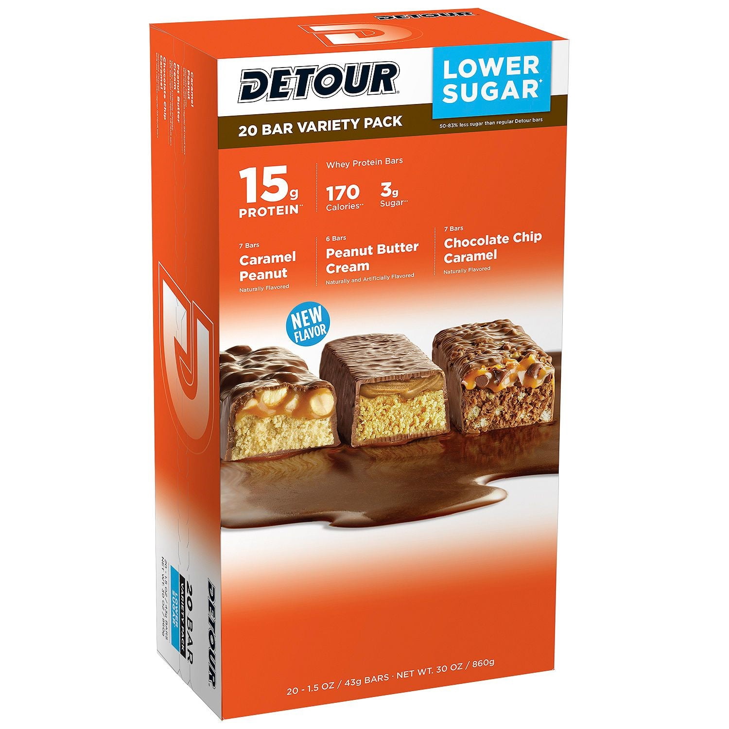 Detour Lower Sugar Whey Protein Bar, Variety Pack, 1.5 Oz, 20 Ct