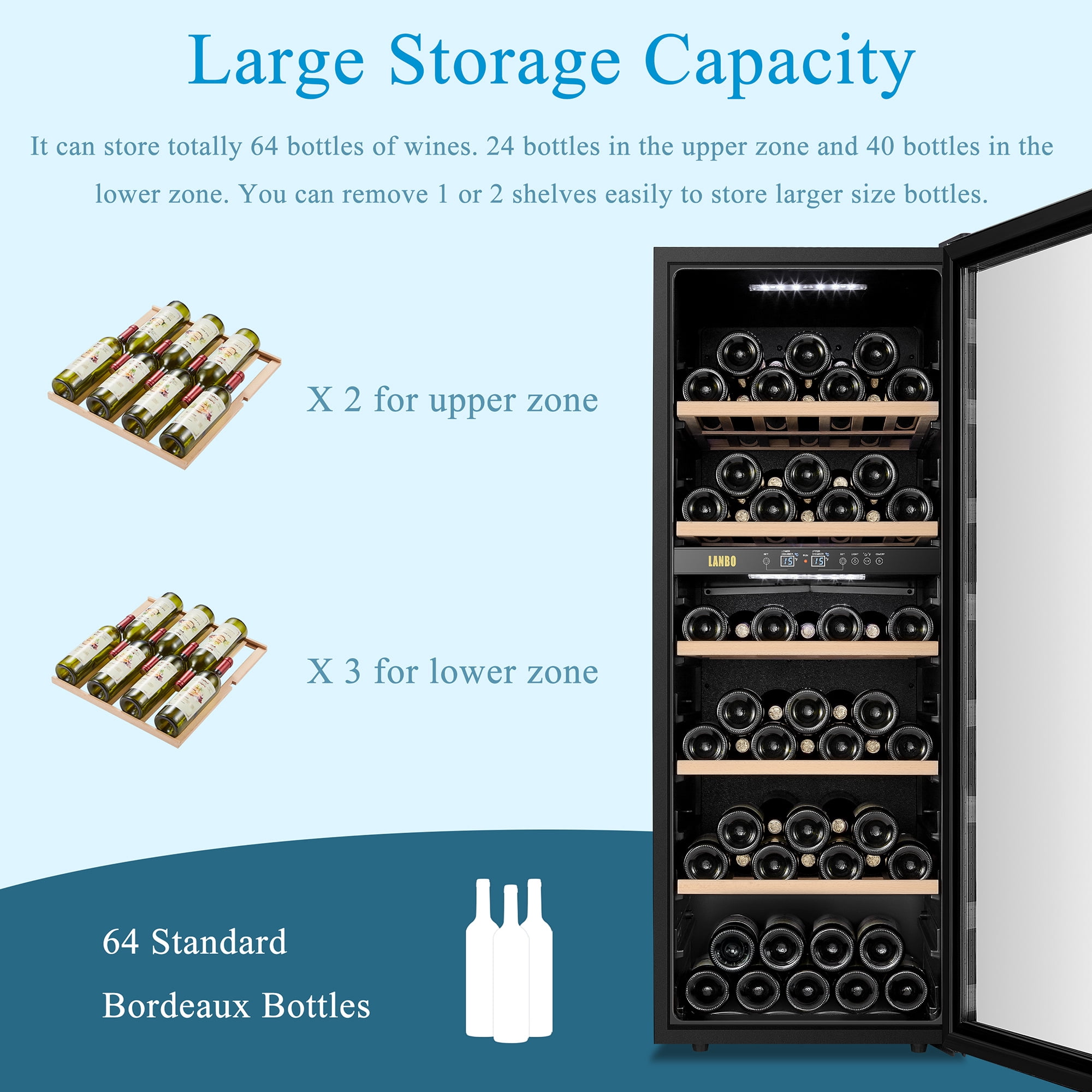 Lanbo 20 inch 64 Bottle Dual Zone Freestanding Wine Cooler