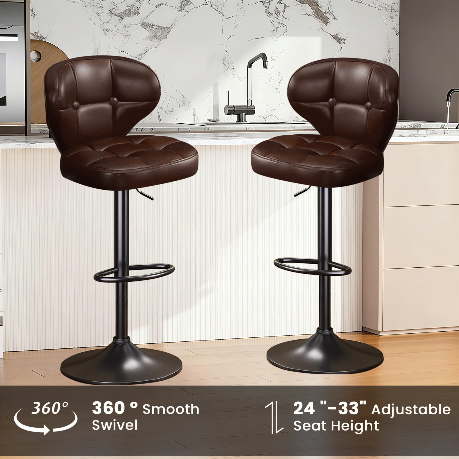 Bar Stools Set of 2, Adjustable Swivel Bar Chairs with 360° Rotation, Padded Counter Stools with Back and Footrest for Kitchen Island, Bistro, Cafe, and Home Use