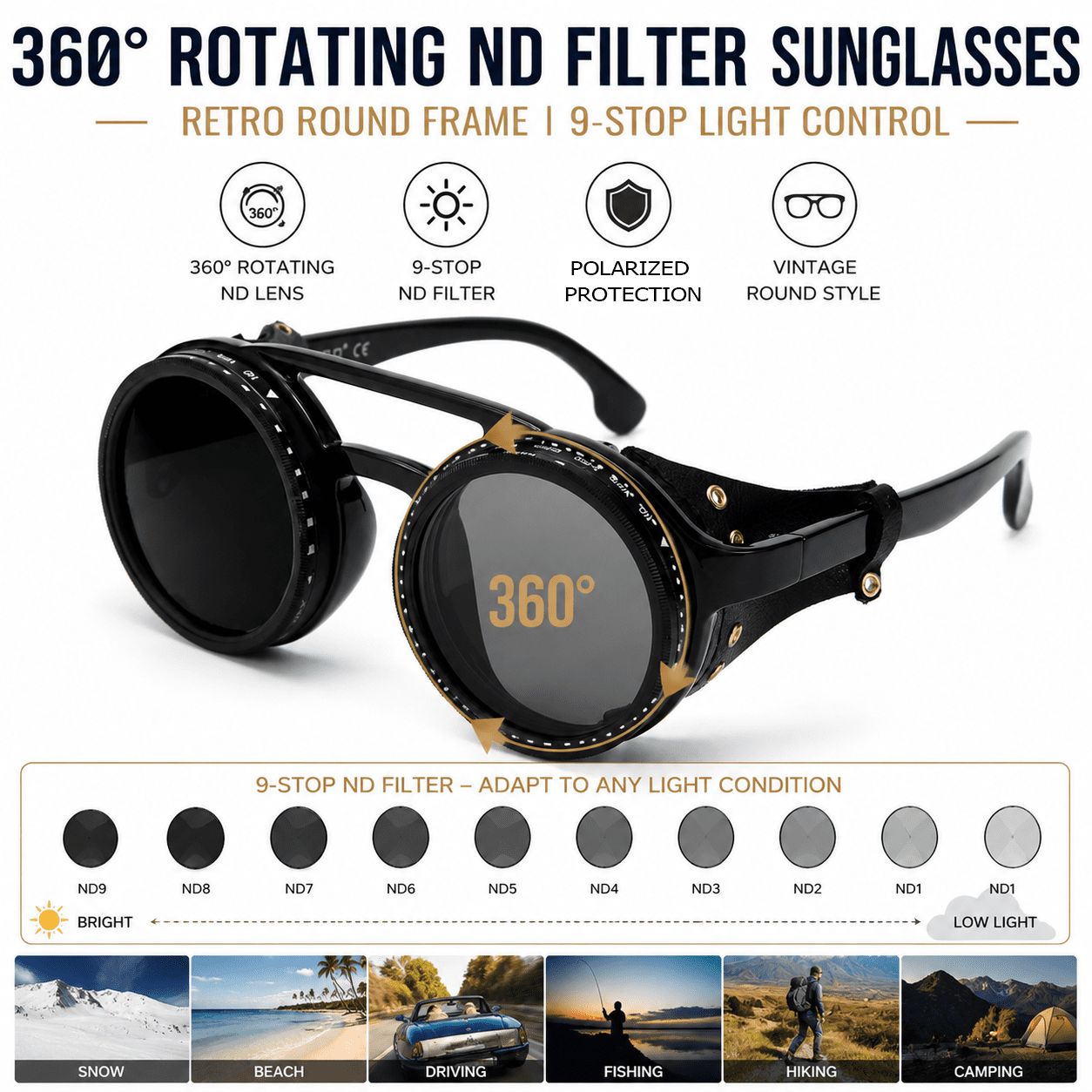 OUANGANC Steampunk Polarized Sunglasses - 1-9 Gears 360° Adjustable Tint Sunglasses | ND Filter & UV400 Protection for Fishing Hiking Cycling Running