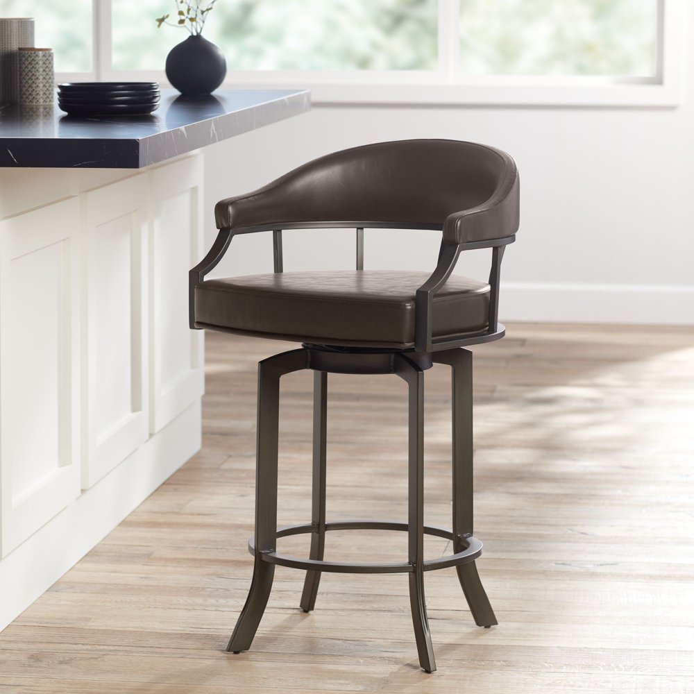 Armen Living Edy 26" Brown Faux Leather Swivel Counter Stool with Arms