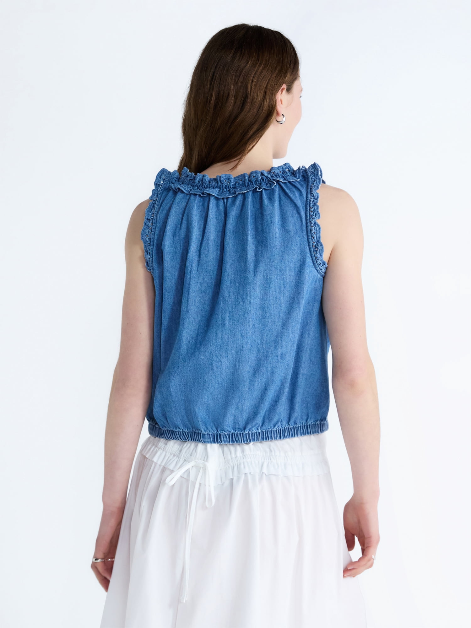 Free Assembly Eyelet Ruffle Sleeveless Chambray Top, Sizes XS-XL