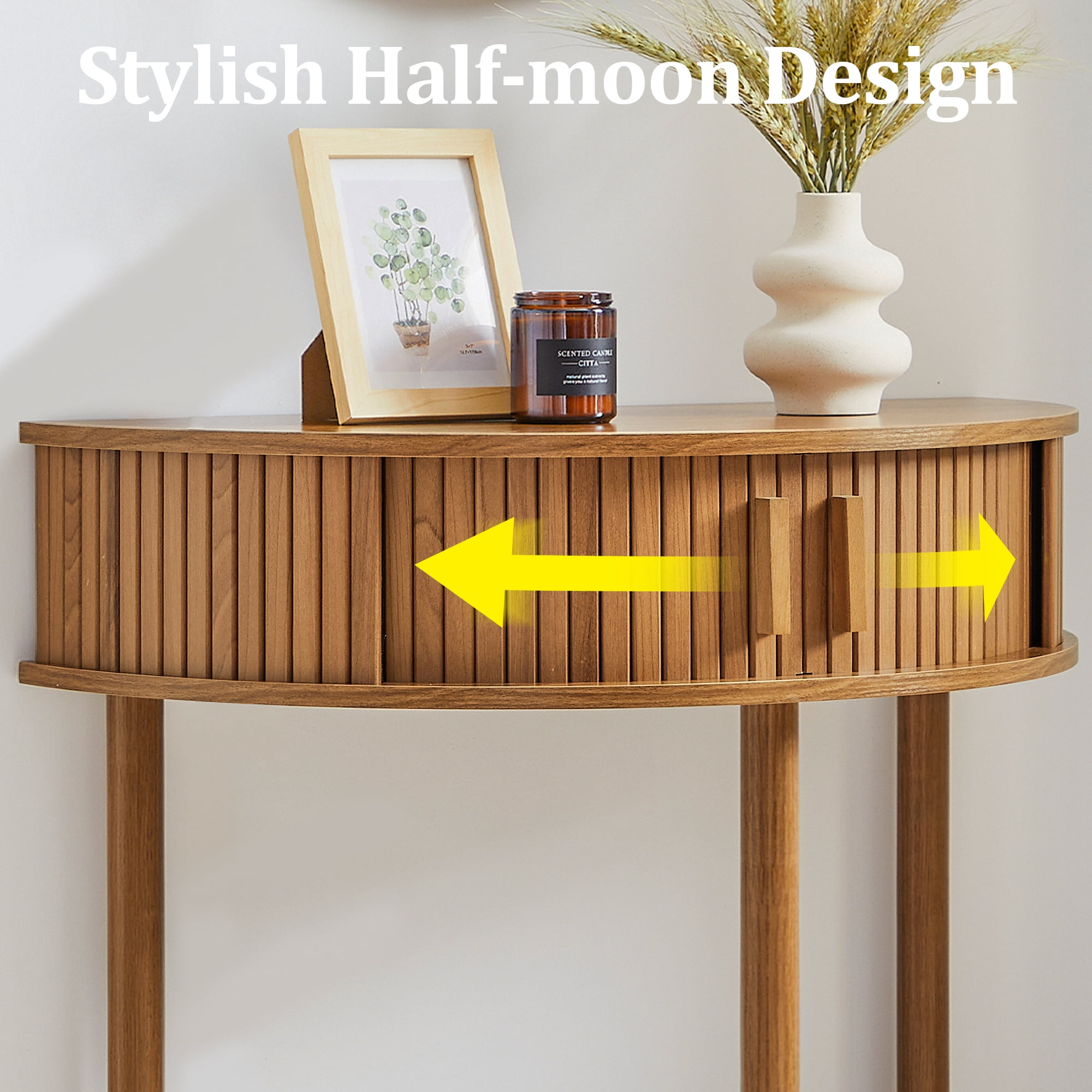 LEFHDA Entryway Table with Storage, Half Moon Fluted Mid Century Modern Console Tables, Small Narrow Sofa Table with Sliding Door, Curved Display Shelf Hallway Table for Living Room
