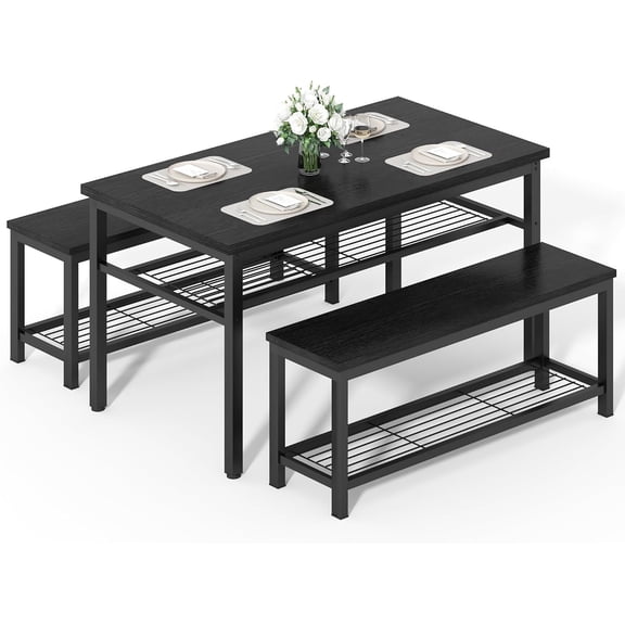 baxluxe Rectangular Wood Grain Dining Table with 2 Benches, 3-Piece Kitchen Dining Set with Under-Table Storage Shelf