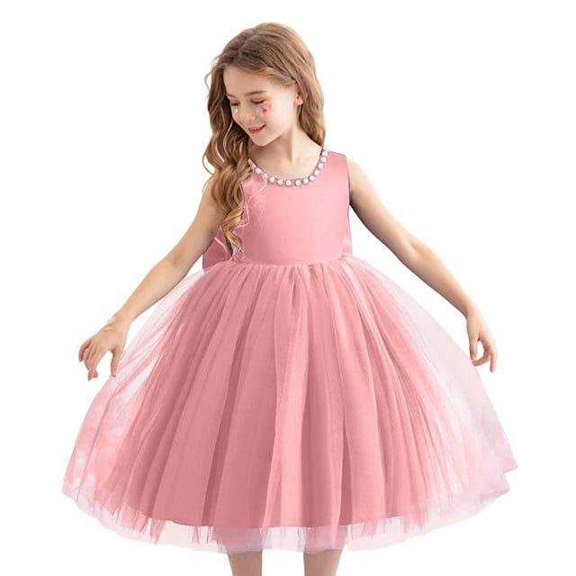 Wdgfv Robe de Demoiselle d'Honneur Enfant Satin Tulle Invitée de Mariage Fête Anniversaire Demoiselle d'Honneur Communion Concours Bal Robe Maxi Rose 3-4 Ans