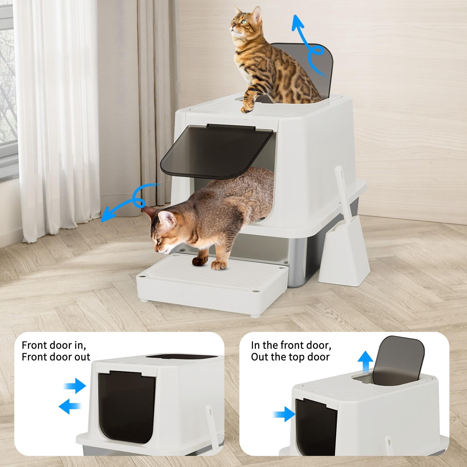Stainless Steel Cat Box: Beige Leak-proof Large Enclosed Litter Pan Indoor Odorless Tray For Multiple Cats - Teflon Non-stick Coating Under 20 Lbs Ideal Laundry Room Balcony