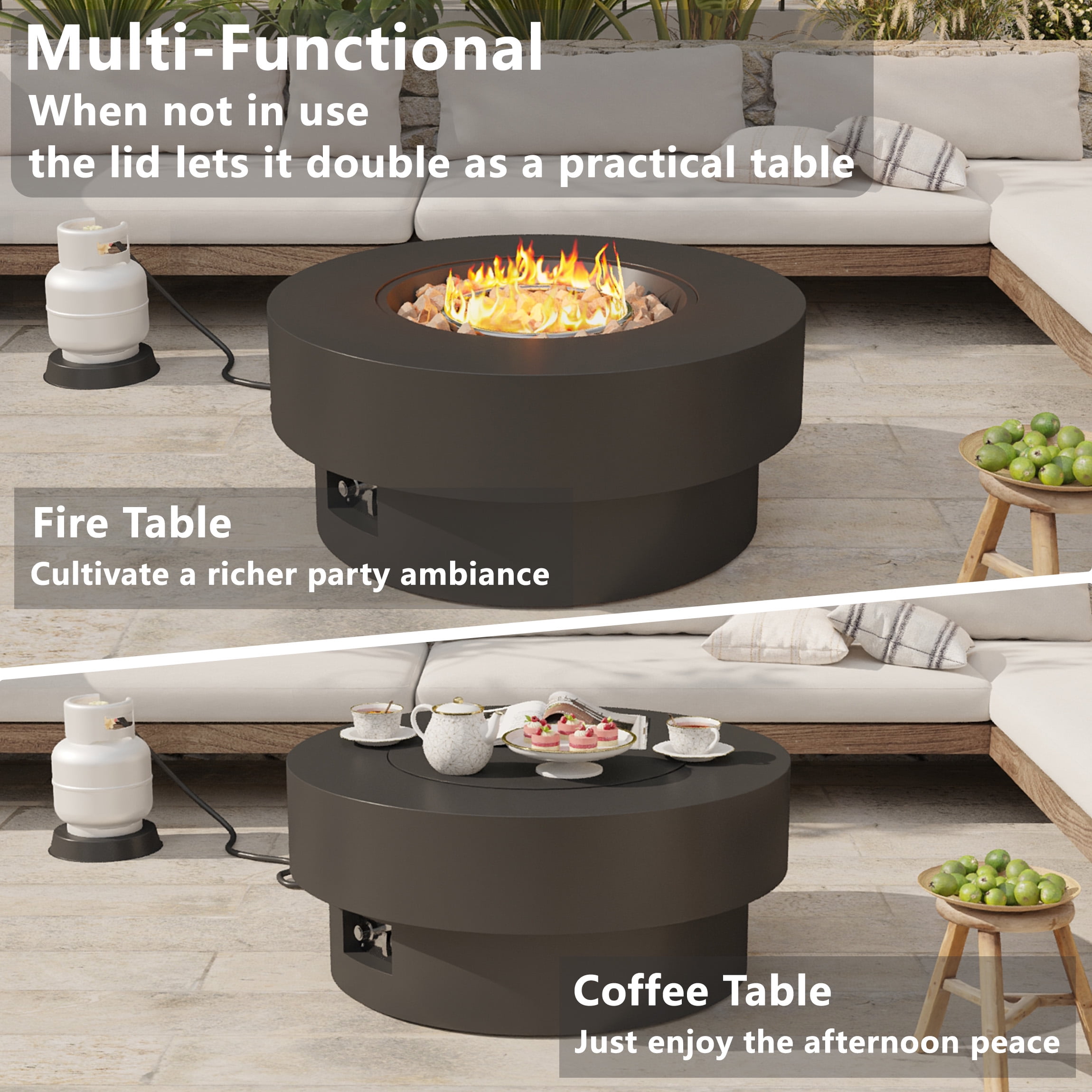 Wakeyard 32.5 inch Round Propane Fire Pit Table, 50000 BTU, Includes Lava Rock,Black