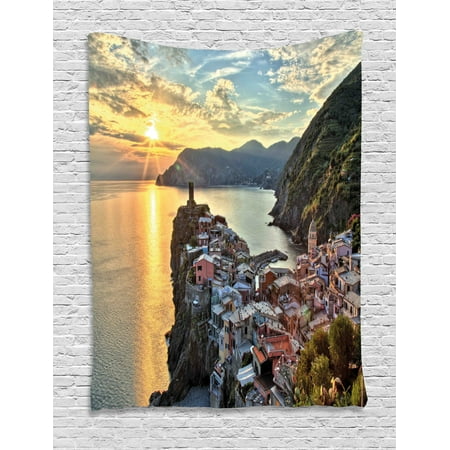 Small Coastal Living Rooms Vernazza Tapestry, Amazing Sunrise Photo of Small Mediterranean Coastal Village on Cliffs in Italy, Wall Hanging for Bedroom Living Room Dorm Decor, Multicolor, by Ambesonne ()