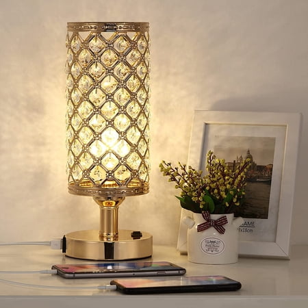 MeHiMe 2-Pack Crystal Table Lamps - Touch Dimmable, USB A+C Charging Ports & Outlet, Silver, Bulbs Included