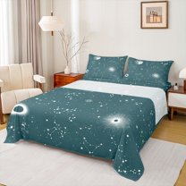 jejeloiu Galaxy Starry Sky Twin Sheet Sets,Constellation Pattern Twin Fitted Sheet,Green White Flat Sheet For Girls Kids,Microfiber Bedroom Decor,3-Piece