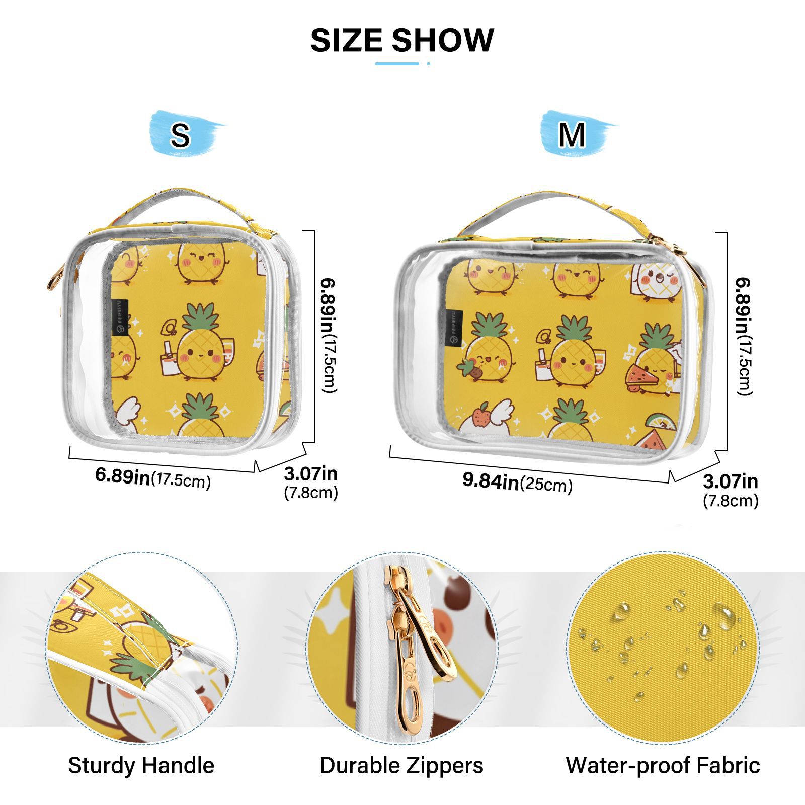 Clear Makeup Bags with Handle Large Opening 2 Pack Set Toiletry Bag Quart Size Bag, for Women Man Traveling Travel Essentials, Toiletries and Other. Cute Smiley Pineapple Watermelon