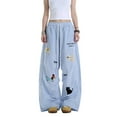 thumbnail image 3 of Women Pants Y2K Plaid Baggy Pants Women Streetwear Cartoon Embroidery Wide Leg Casual Drawstring Elastic Waist Trousers,High Waist Drapery Palazzo Pants with Pleats(BlueA,L), 3 of 6