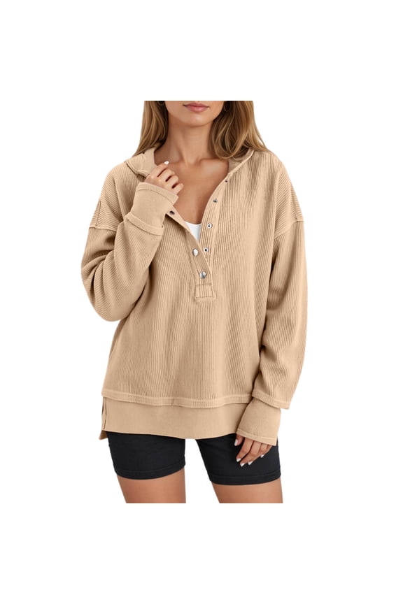 Womens Fashion 2025 Oversized Long Sleeve Hoodies Button up V-Neck Hooded Sweatshirts Trendy Side Slit Solid Color Casual Ribbing Pullover Tops Khaki S