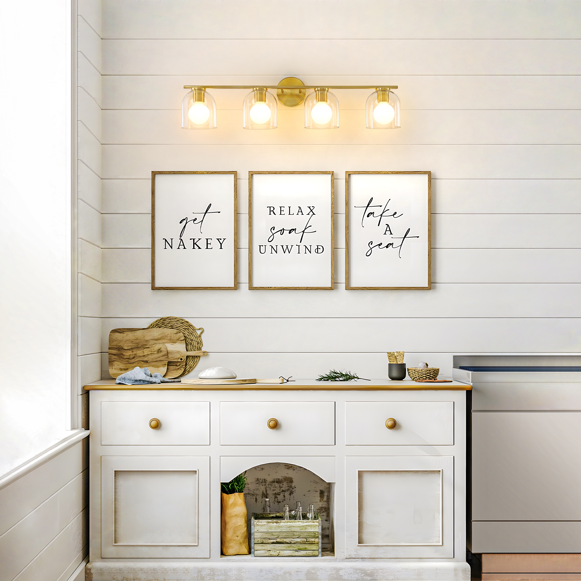 Modern Bathroom Light Fixtures, 4 Light Vanity Lights Over Mirror, Gold Wall Lamp with Clear Glass Shade for Living Room Cabinet Bedroom Porch