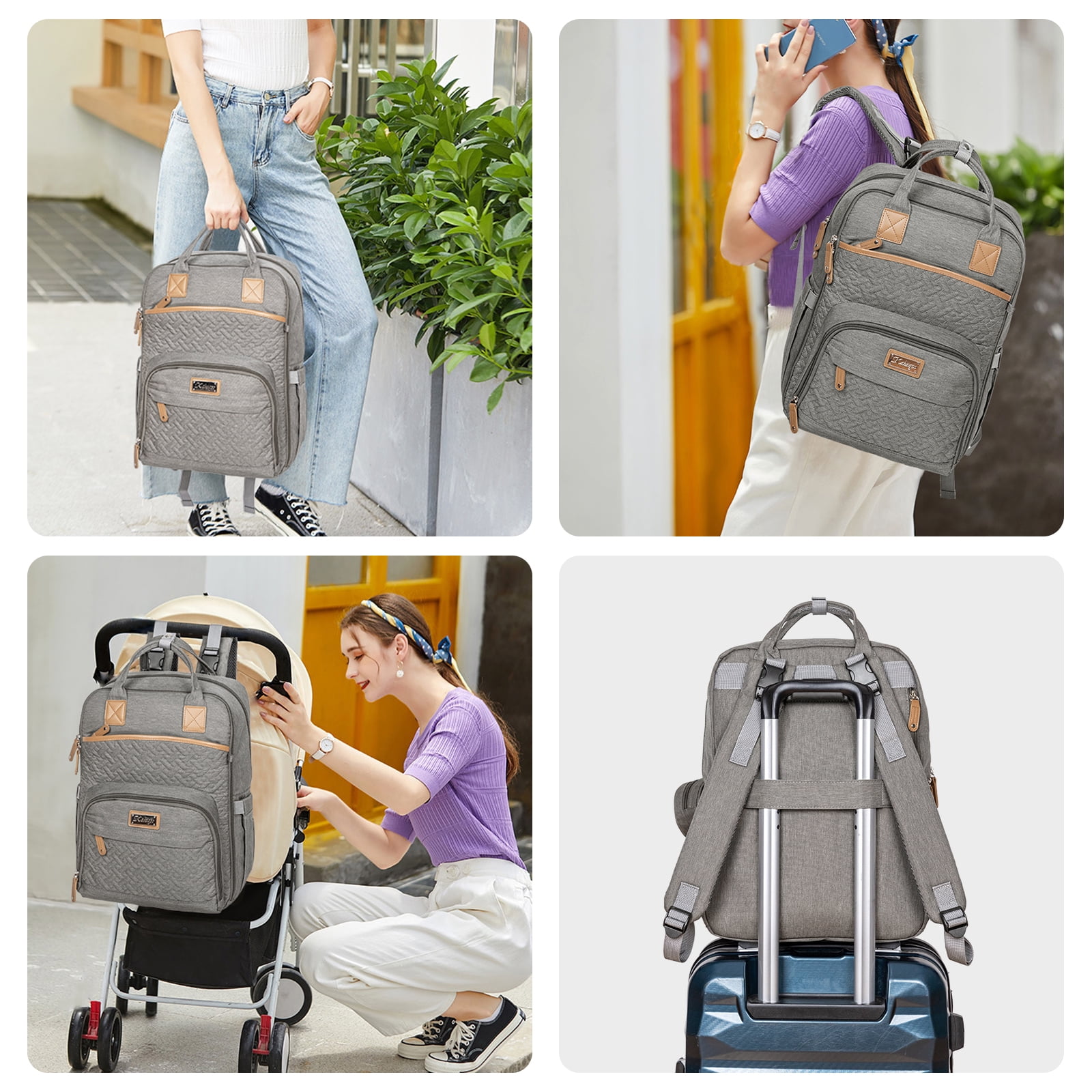 Kabaqoo Large Baby Diaper Backpack, Multifunction Waterproof Mom Bag with Changing Pad, Gray