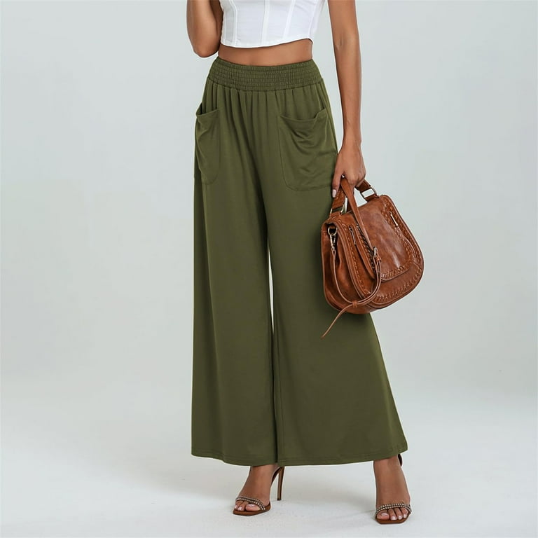 Ladies Wide Leg Lounge Pants Elastic High Waist Solid