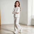 thumbnail image 6 of UKHCCC Girls Ribbed Knit 2 Piece Outfit Set, Long Sleeve Crew Neck Pullover Top and Wide Leg Pants, Casual Lounge Set, 6 of 8