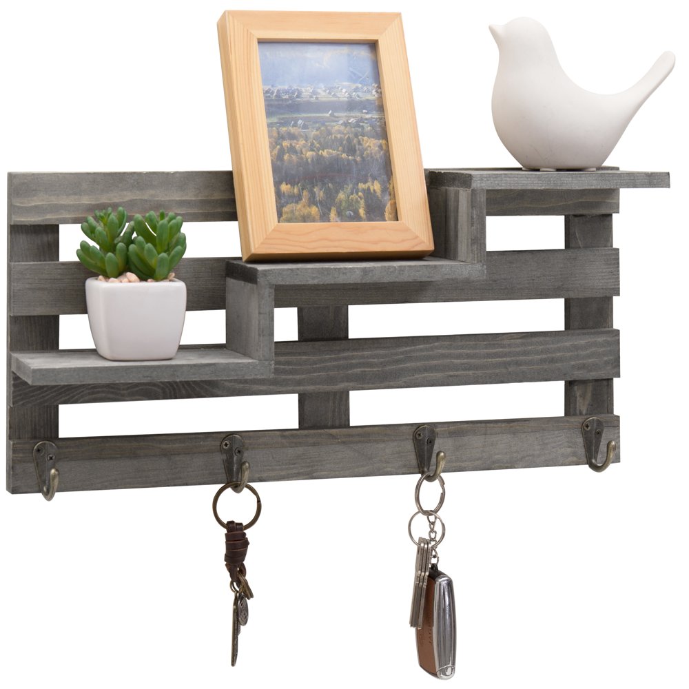 MyGift 3 Tier Vintage Gray Wood WallMounted Display Shelf with 4 Key