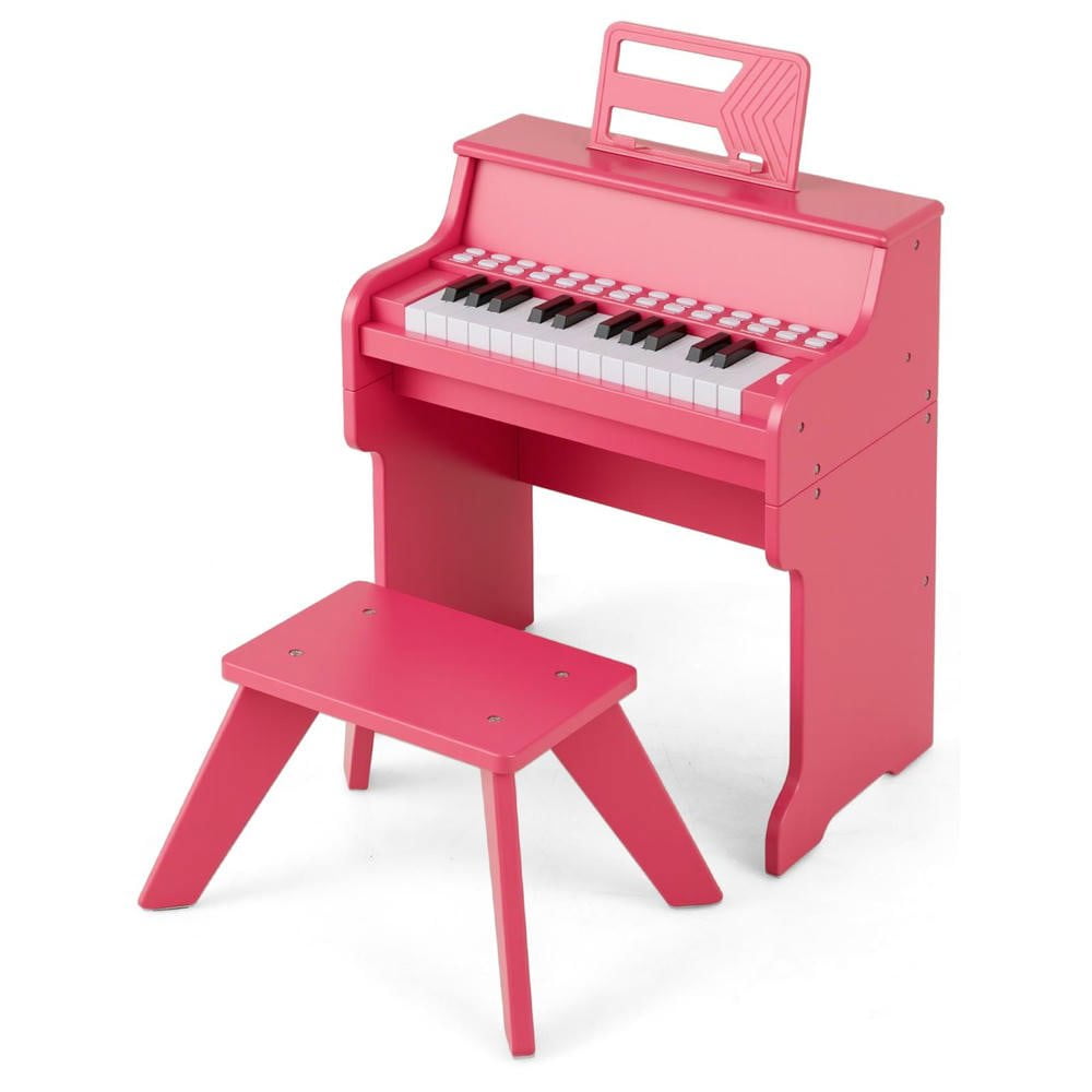 Resenkos 25-Key Wooden Toy Digital Piano with Stool & Volume Control - Pink