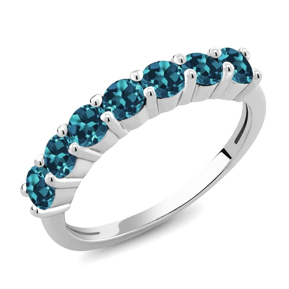 Gem Stone King 925 Sterling Silver Round London Blue Topaz 7-Stone Anniversary Wedding Band Women's Ring (1.40 Cttw Gemstone Birthstone, Available in Size 5,6,7,8,9)