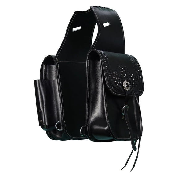Leather Saddle Bag Black Floral Carved Decorated With Studs 10x10 size
