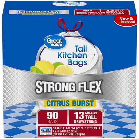 Great Value Strong Flex Tall Kitchen Drawstring Trash Bags Citrus Great Value Strong Flex Tall Kitchen Drawstring Trash Bags Citrus Burst 13 Gallon 90 Count
