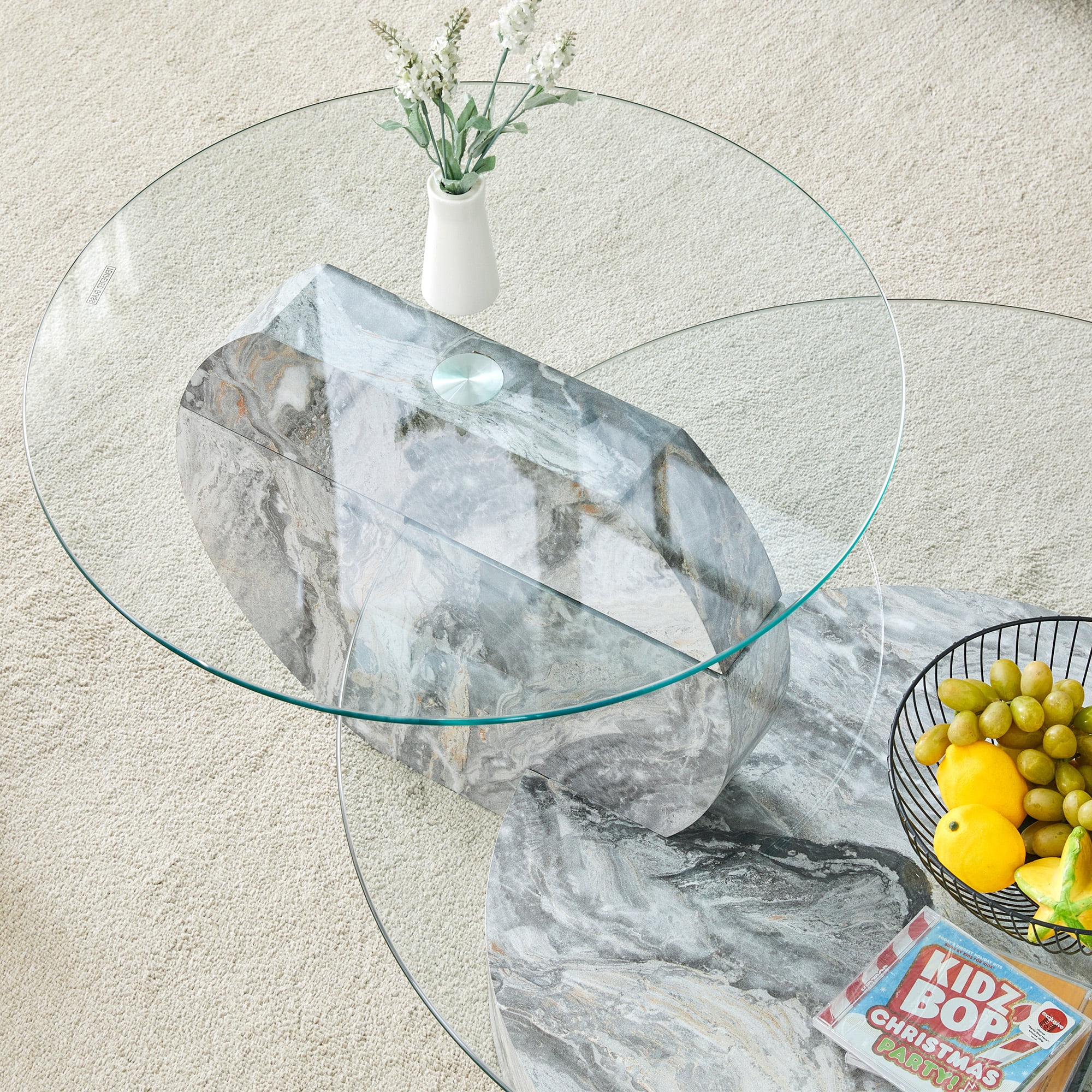 Vanress 42" Glass Coffee Table, Round Coffee Table, Modern Double Layer Round Glass Coffee Table for Living Room, Grey