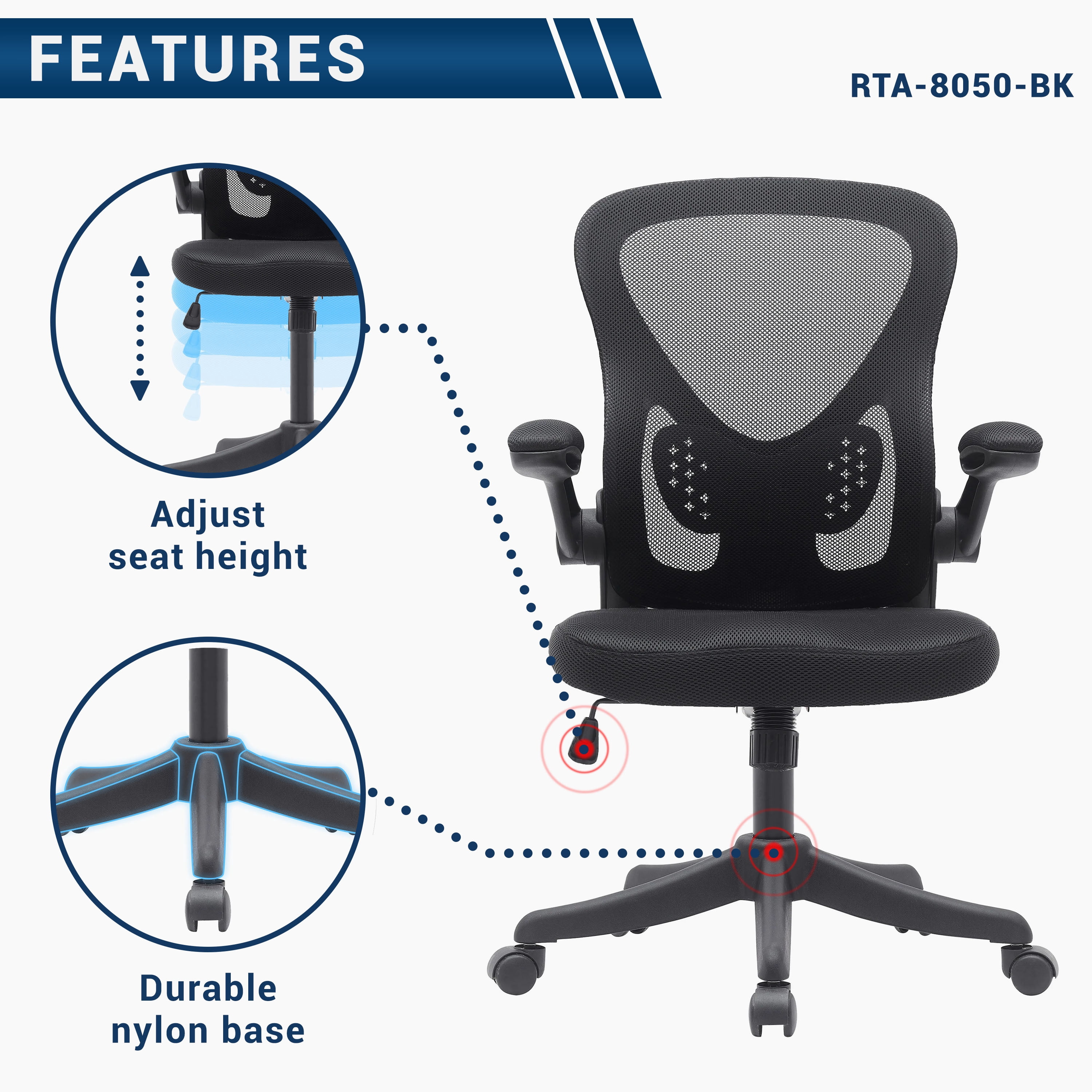 Techni Mobili Black Mesh Office Chair with Lumbar Support and Flip-Up Armrests, RTA-8050-BK