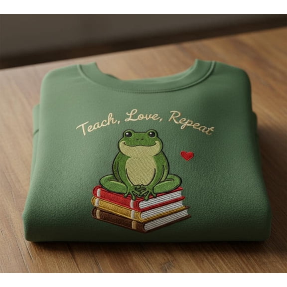 Teacher Frog Sweatshirt Embroidered Teach Love Repeat Cute Frog on Books Gift for Educator Animal Lover Pullover