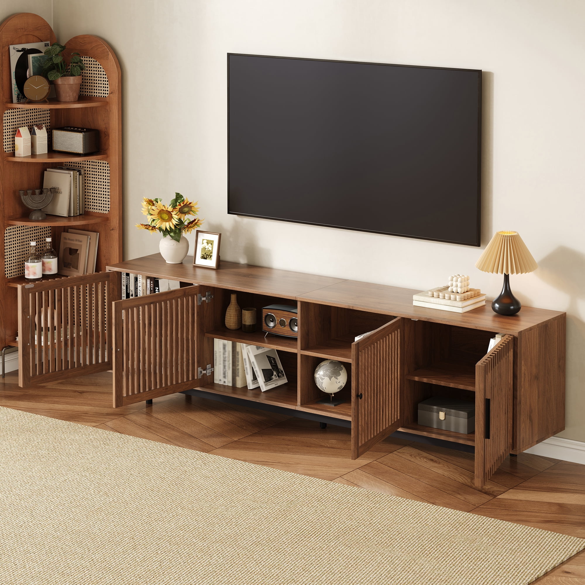 TV Stand for TVs up to 85 Inch, Entertainment Center with Slatted Doors & Cable Management, Media Console with Solid Wood Legs for Living Room