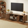 thumbnail image 2 of 78" Modern TV Stand for TVs up to 85", Entertainment Center with Closed Storage, Media Console with Slatted Doors, Cable Management & Soft-Close Hinges, Solid Wood Legs for Living Room, Walnut, 2 of 10
