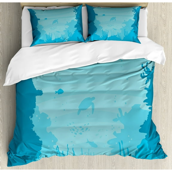 Under the Sea Duvet Cover Set, Underwater Image of a Turtles and Fish Swimming in the Sea, Decorative 3 Piece Bedding Set with 2 Pillow Shams, Queen Size, Dark Turquoise Turquoise, by Ambesonne