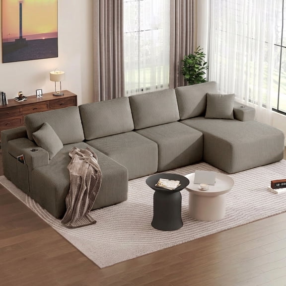 Leumius 130" U Shaped Sectional Couches with Chaise,Modern Deep Seat Boneless Corduroy Cloud Modular Sofa for Living Room,taupe