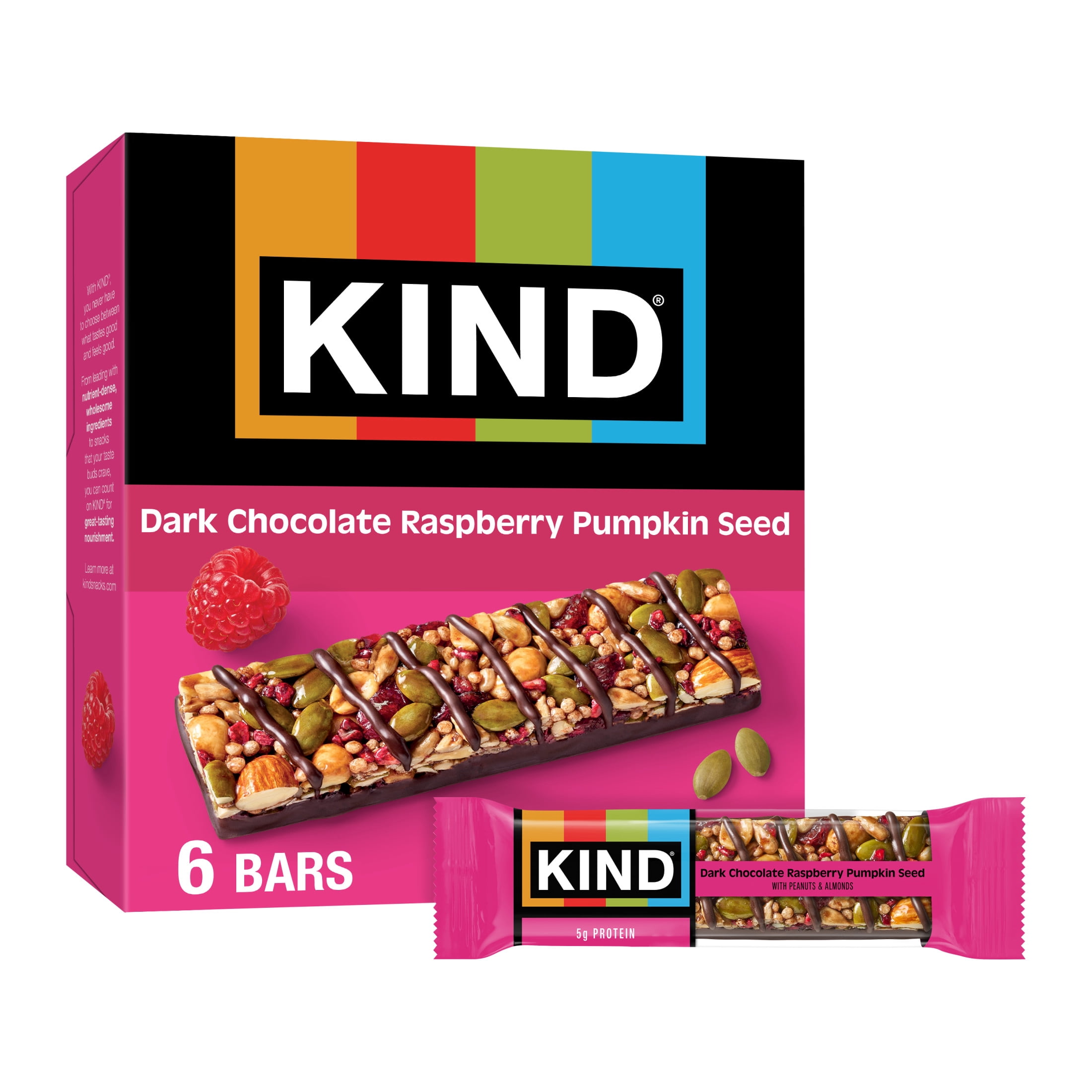 (6 pack) KIND Seeds Fruit & Nuts Snack Bar, Dark Chocolate Raspberry Pumpkin Seed, Gluten Free, 6 Count Box