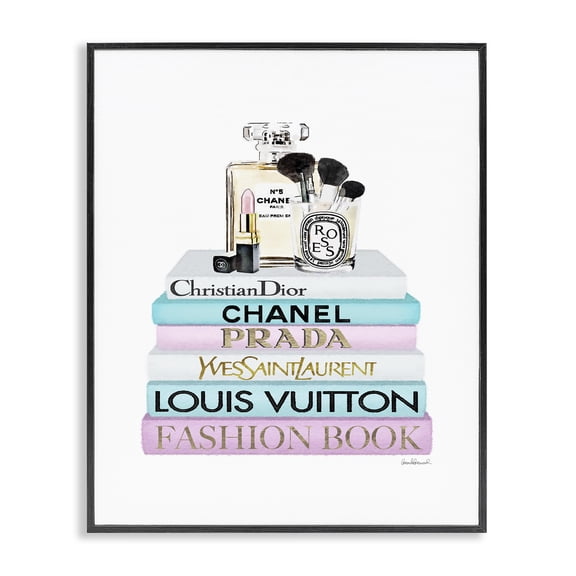 Stupell Industries Contemporary Fashion Designer Makeup Bookstack Blue Pink Watercolor Black Framed Giclee Art, 16 x 20, by Amanda Greenwood