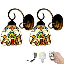 Kiven Battery Operated Wall Sconces, Tiffany Style Wall Lights with Rechargeable LED bulb and Glass Shade, Dimmable Wall Lighting Fixtures for Painting Bedroom Hallway（Set of 2）