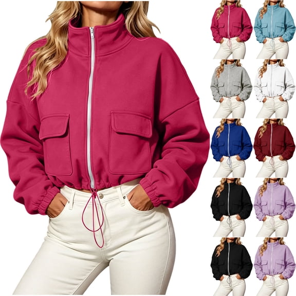 Yourumao Oversized Cropped Zip Up Jacket for Women Long Sleeve Stand Collar Double Cargo Pocket Drawstring Hem Soft Cozy Casual Fall Outerwear