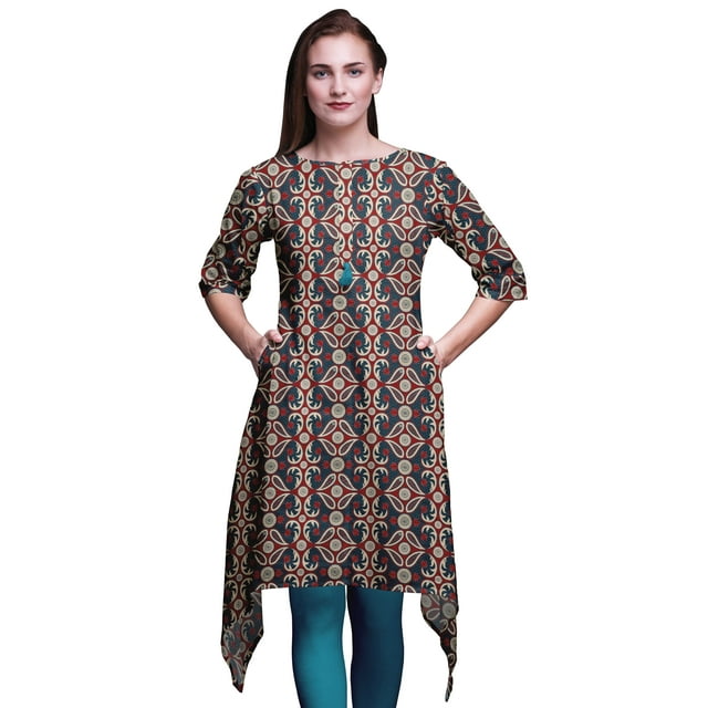 Bimba Hauts Bleus à Imprimé Cachemire Cachemire pour Femmes Kurti Asymétrique Robe d'Été pour Filles Grande